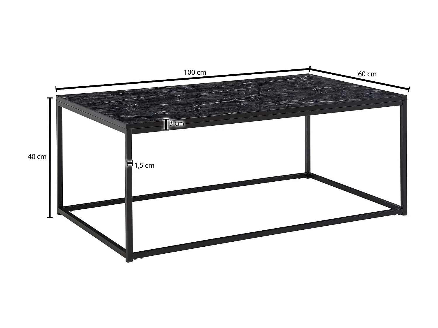 table basse 100x60x40 cm aspect marbre noir, table de salon avec structure en métal, table de