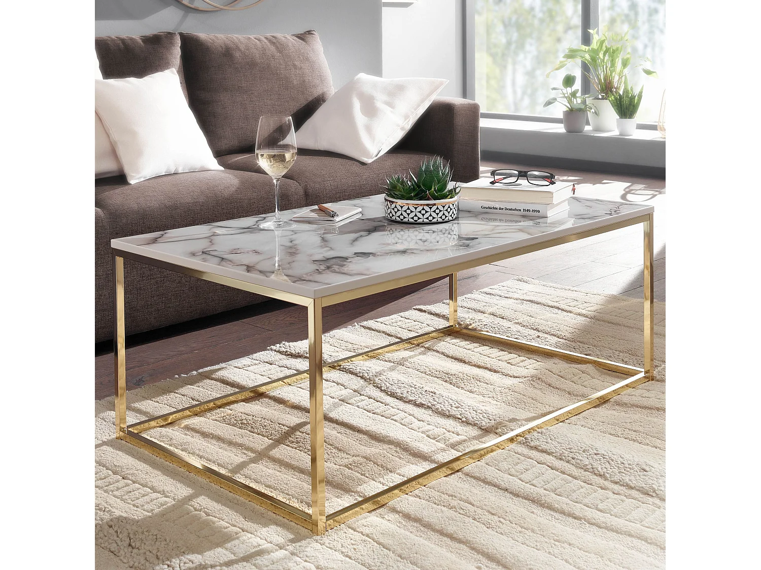 Mesa de Centro Moderna 100x60x40 cm con Aspecto de Mármol Blanco y Oro | Mesa Auxiliar para Salón Rectangular | Mesita Café Grande para Sofá