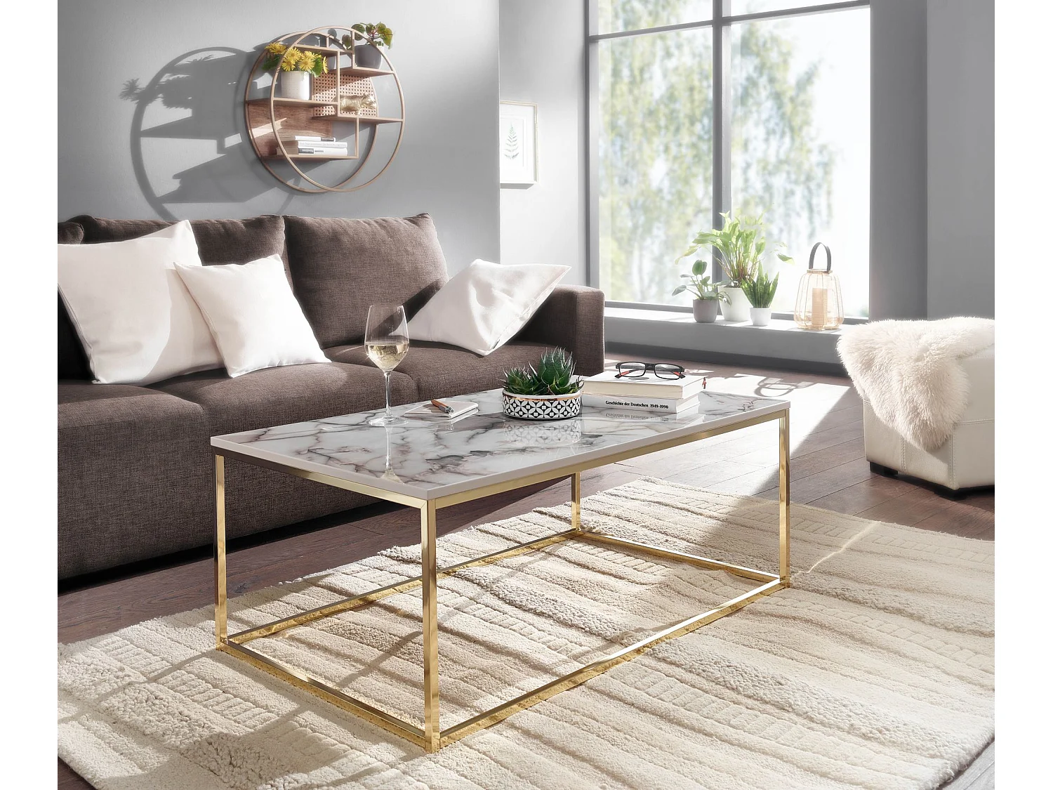 Mesa de Centro Moderna 100x60x40 cm con Aspecto de Mármol Blanco y Oro | Mesa Auxiliar para Salón Rectangular | Mesita Café Grande para Sofá