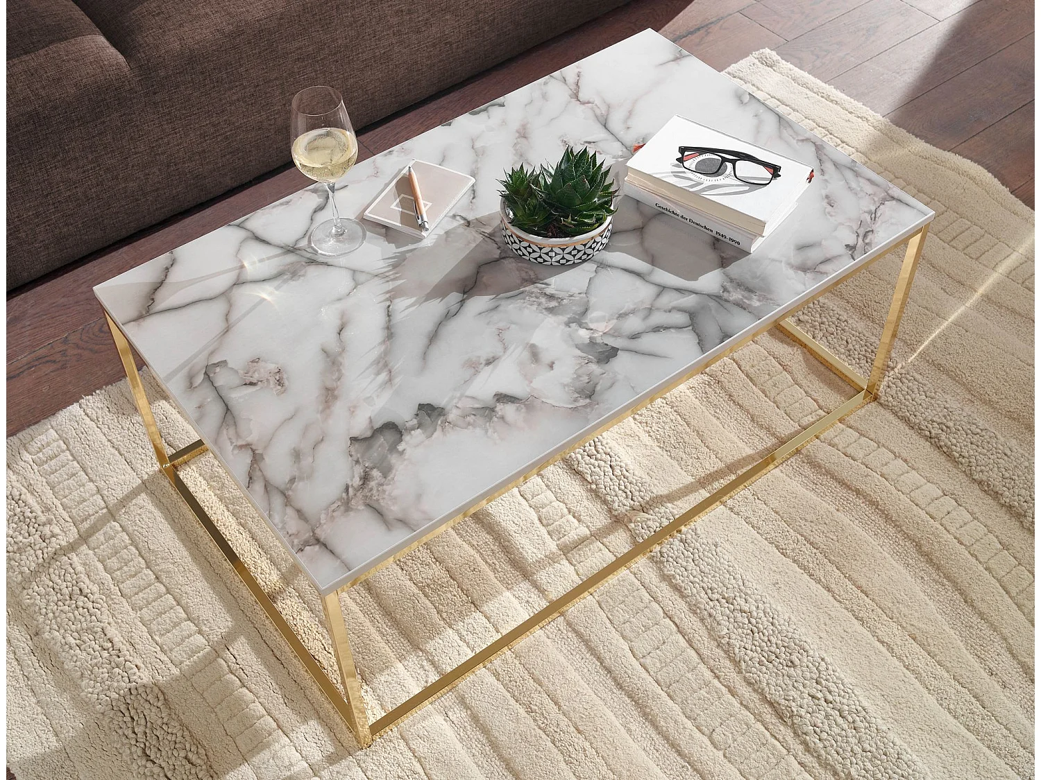 Mesa de Centro Moderna 100x60x40 cm con Aspecto de Mármol Blanco y Oro | Mesa Auxiliar para Salón Rectangular | Mesita Café Grande para Sofá