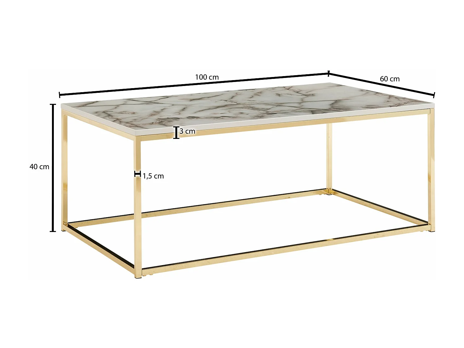 Koffietafel 100x60x40 cm met Marmer Look Wit / Goud Rechthoekige Salontafel | Tafel Woonkamer Moderne | Lage Bijzettafel Woonkamertafel