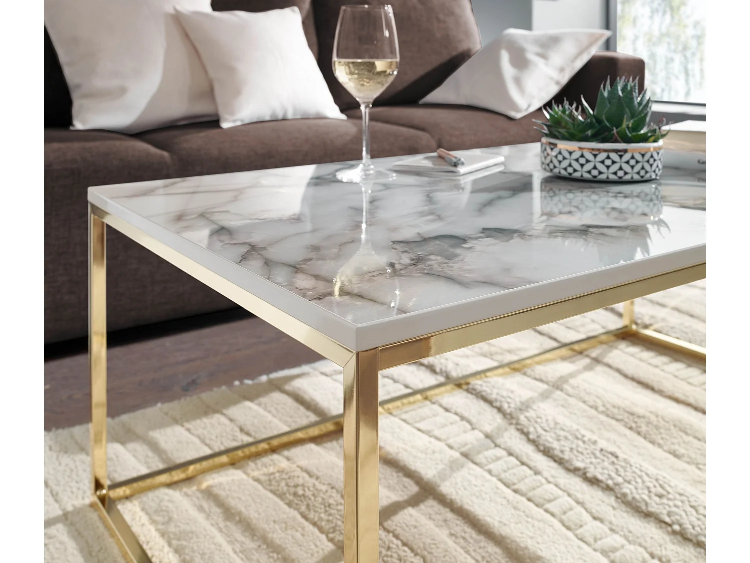 Koffietafel 100x60x40 cm met Marmer Look Wit / Goud Rechthoekige Salontafel | Tafel Woonkamer Moderne | Lage Bijzettafel Woonkamertafel