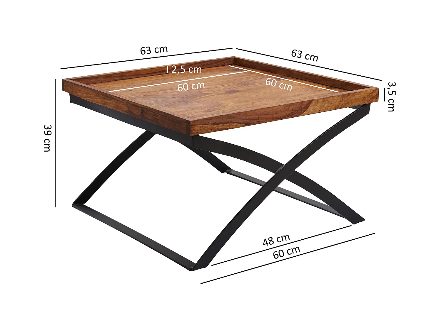 salontafel WL5.595 63x39x63cm Sheesham massief hout / metalen salontafel