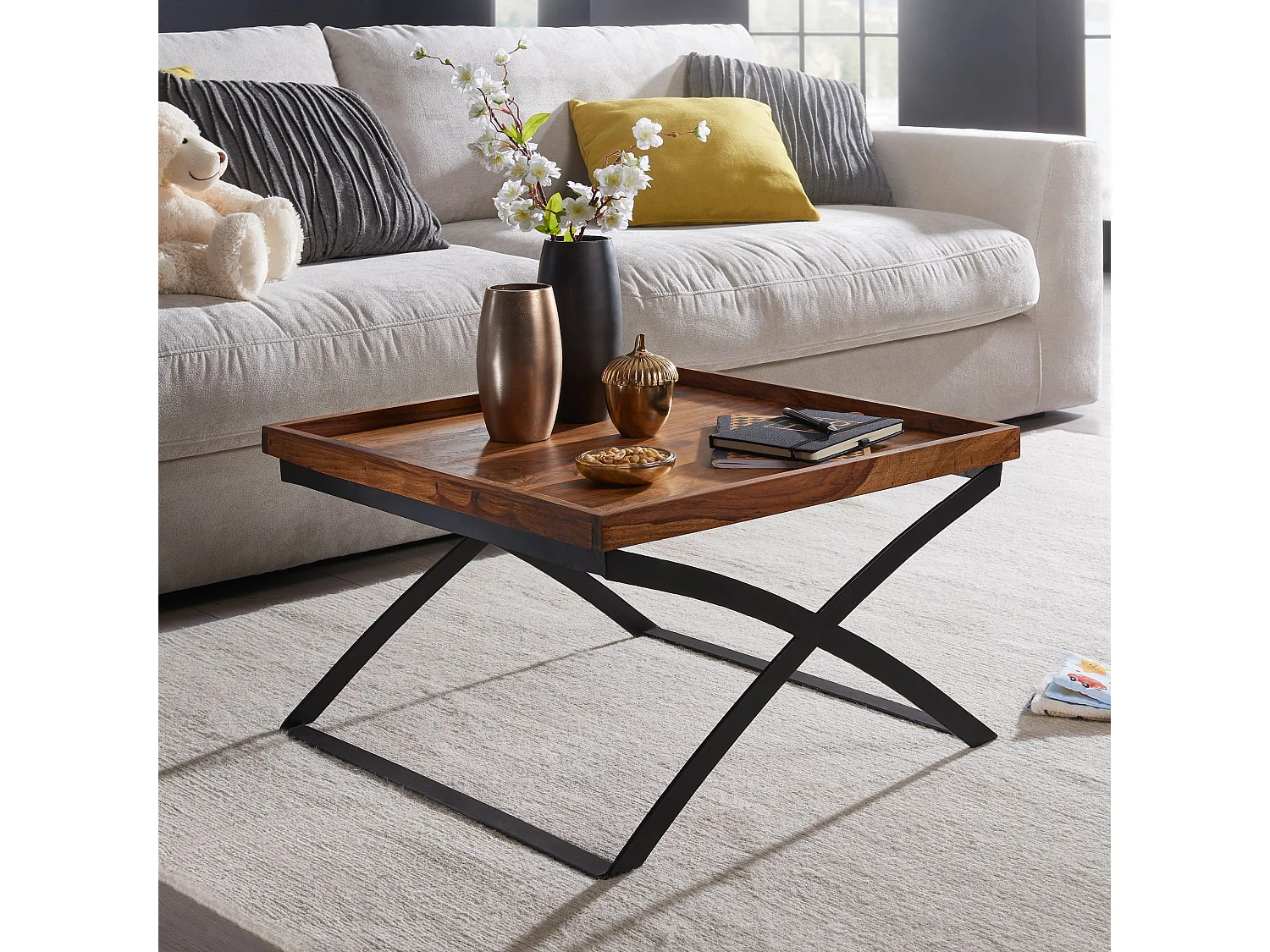 salontafel WL5.595 63x39x63cm Sheesham massief hout / metalen salontafel