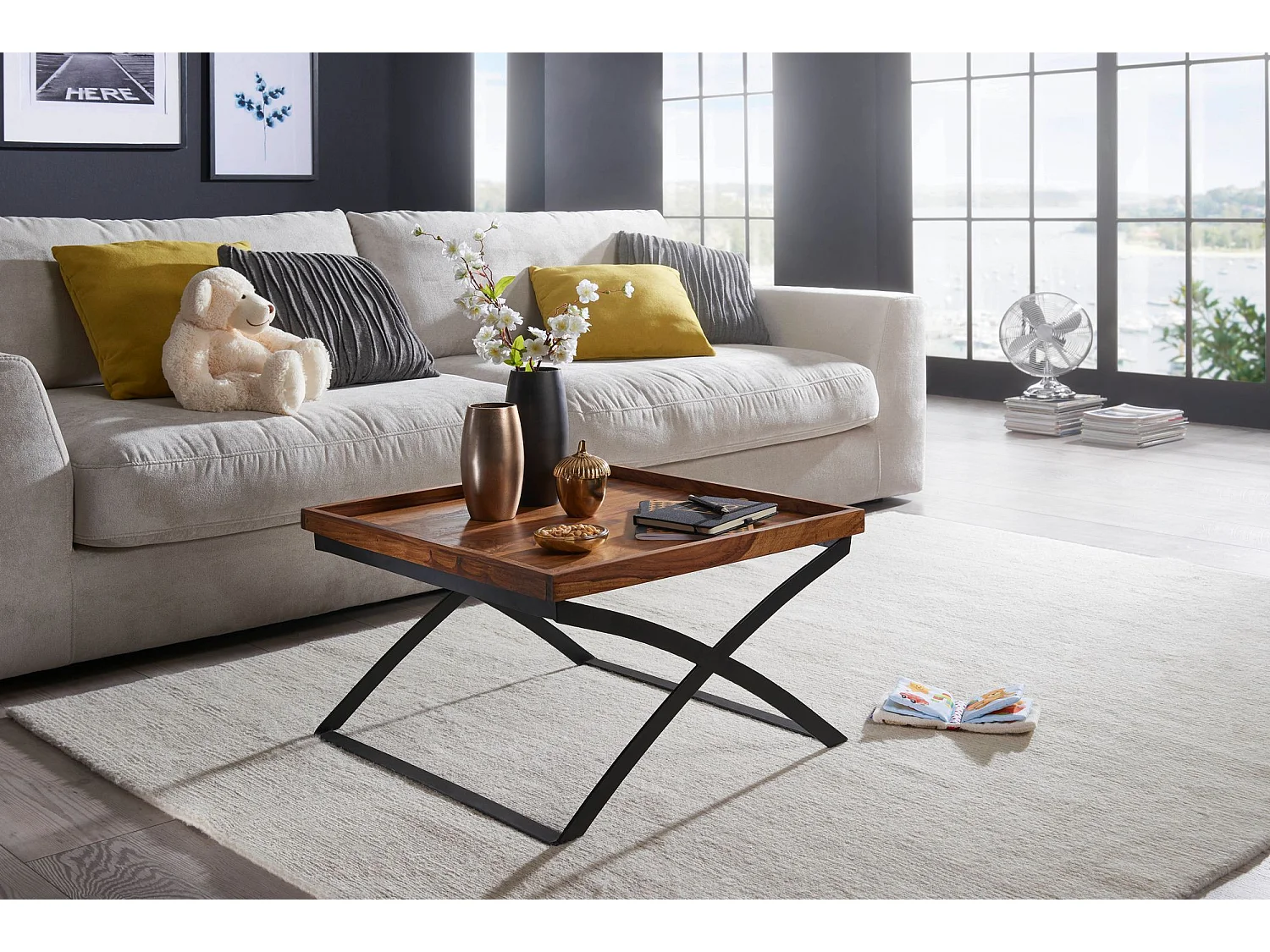 salontafel WL5.595 63x39x63cm Sheesham massief hout / metalen salontafel