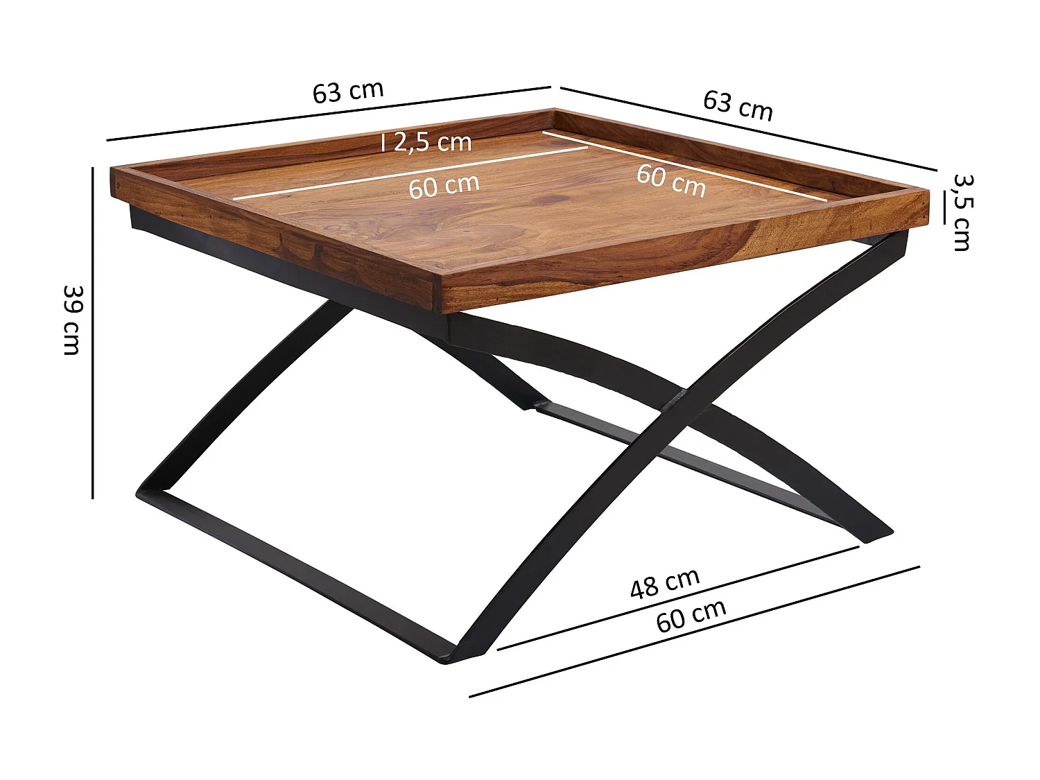 salontafel WL5.595 63x39x63cm Sheesham massief hout / metalen salontafel