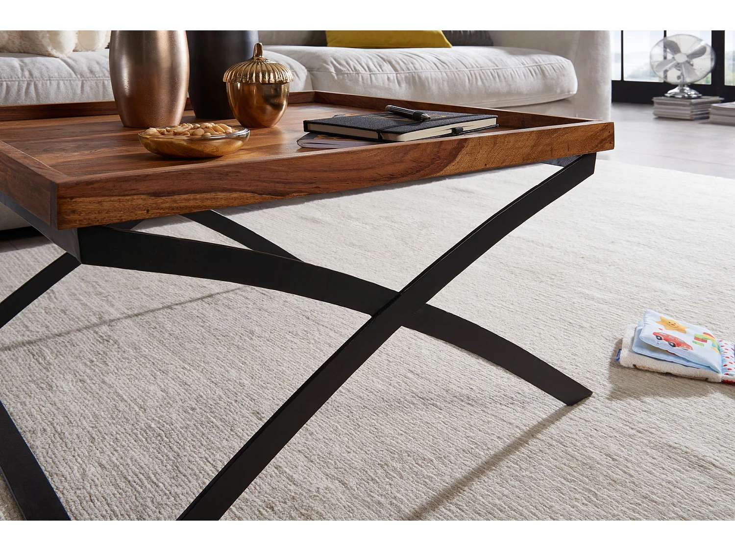 salontafel WL5.595 63x39x63cm Sheesham massief hout / metalen salontafel