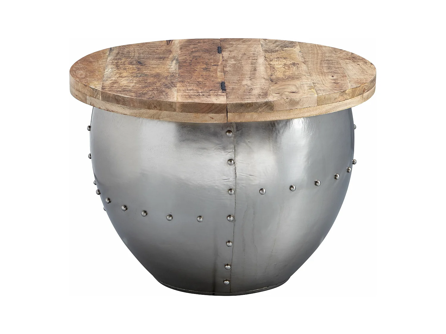 basse  Bois massif de manguier / métal 60x43x60 cm style industriel rond | Table de salon design avec espace de rangement | Table basse de salon moderne argent