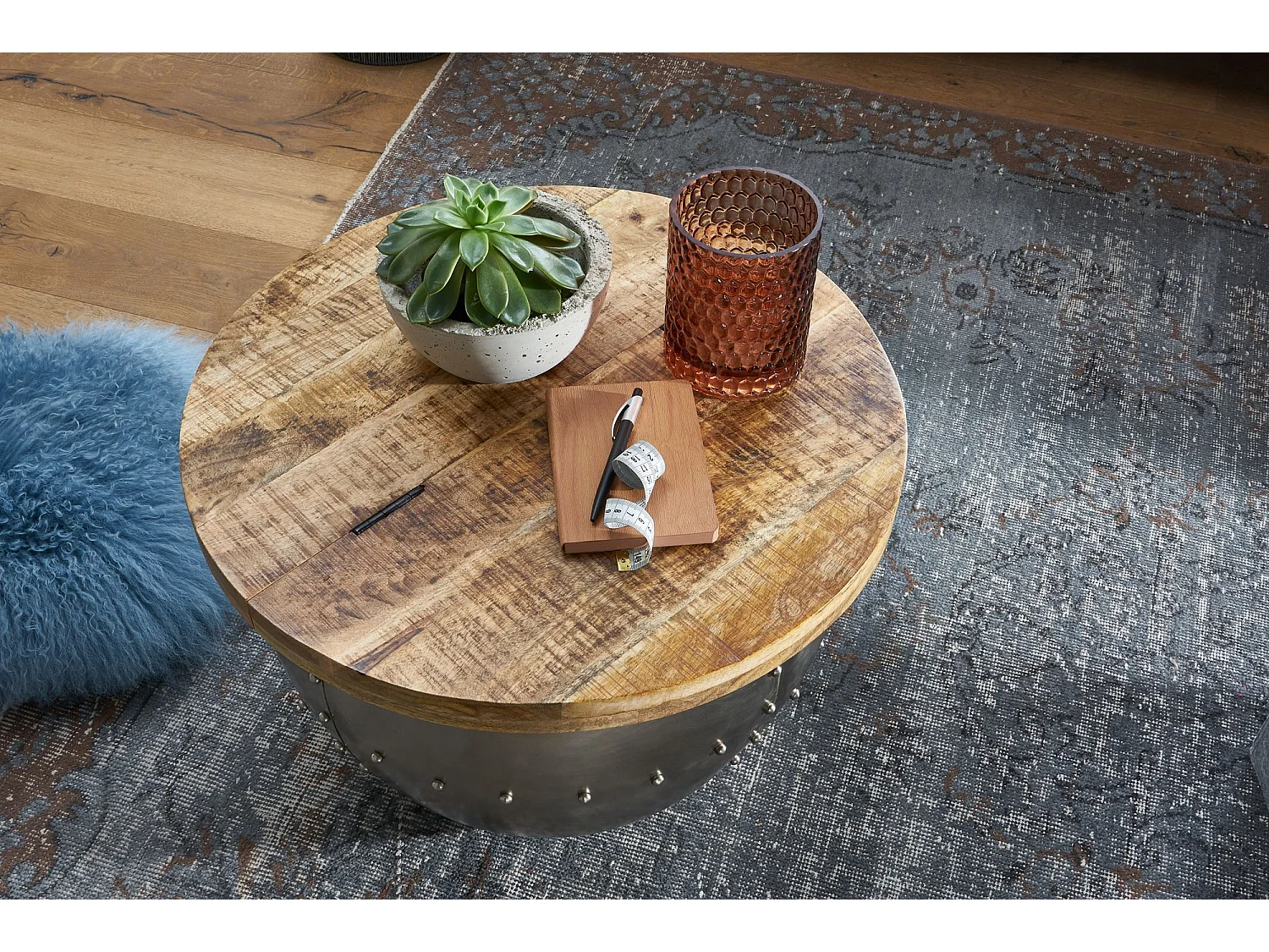 salontafel Mango massief hout / metaal 60x43x60 cm industriÃ«le stijl rond | Design salontafel met opbergruimte | Moderne salontafel salontafel zilver