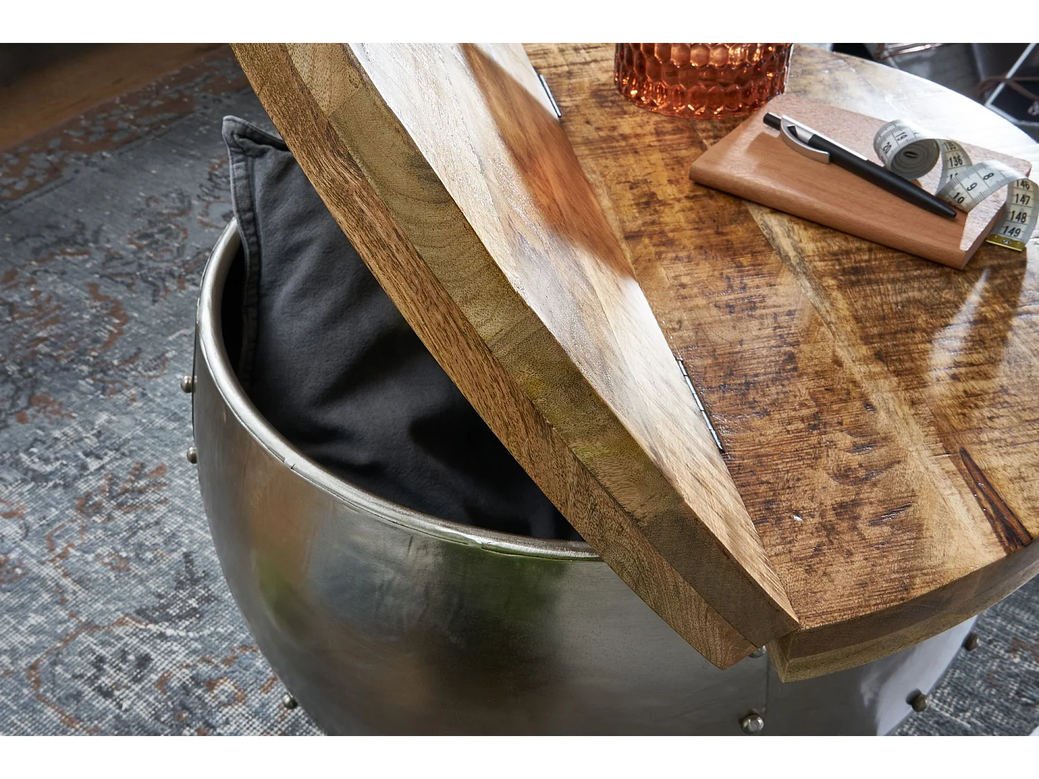 salontafel Mango massief hout / metaal 60x43x60 cm industriÃ«le stijl rond | Design salontafel met opbergruimte | Moderne salontafel salontafel zilver