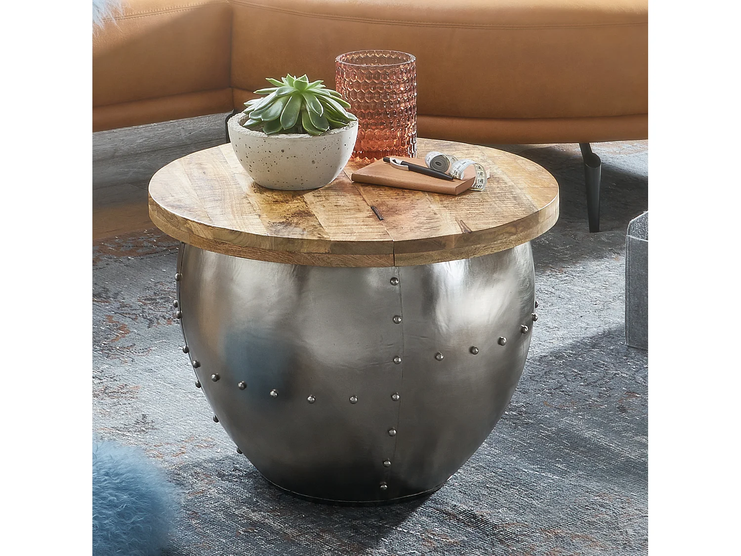 salontafel Mango massief hout / metaal 60x43x60 cm industriÃ«le stijl rond | Design salontafel met opbergruimte | Moderne salontafel salontafel zilver