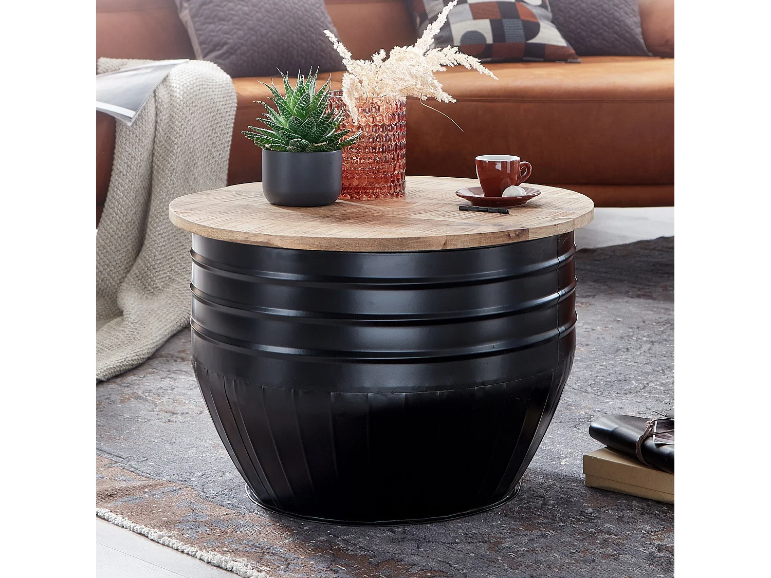 table basse bois de manguier métal 60x41x60 cm style industriel rond | Table de salon design avec espace de rangement | Table basse de salon moderne noir