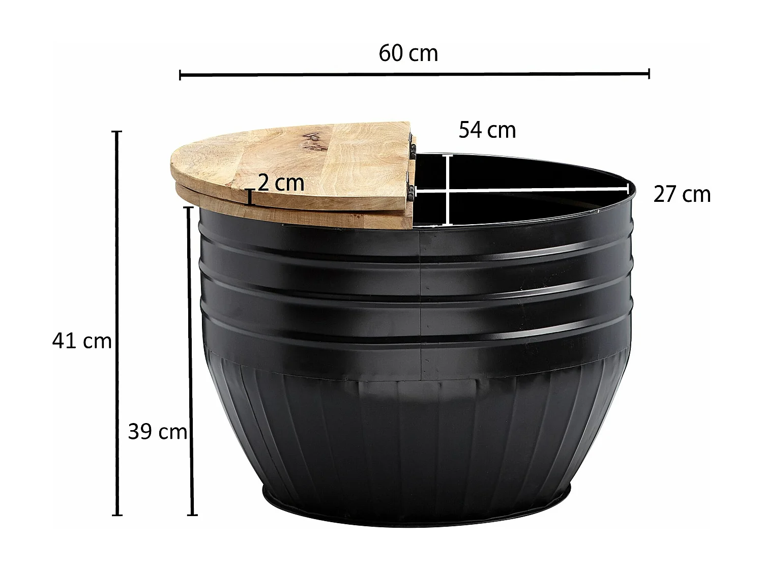 table basse bois de manguier métal 60x41x60 cm style industriel rond | Table de salon design avec espace de rangement | Table basse de salon moderne noir