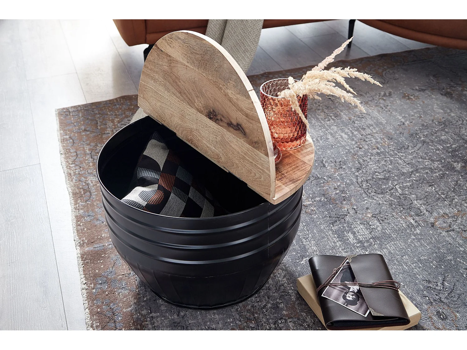 table basse bois de manguier métal 60x41x60 cm style industriel rond | Table de salon design avec espace de rangement | Table basse de salon moderne noir