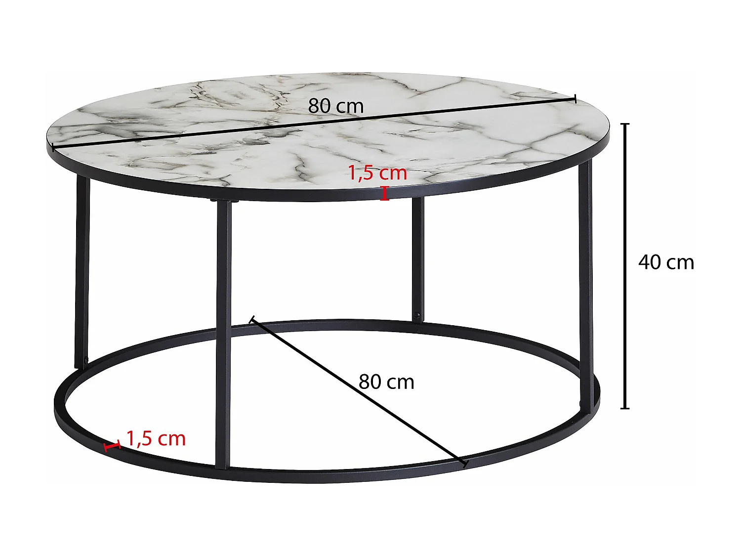 Mesita redonda 80x40x80 cm con aspecto de mármol blanco | Mesa de salón con estructura de metal negro | Mesa decorativa moderna