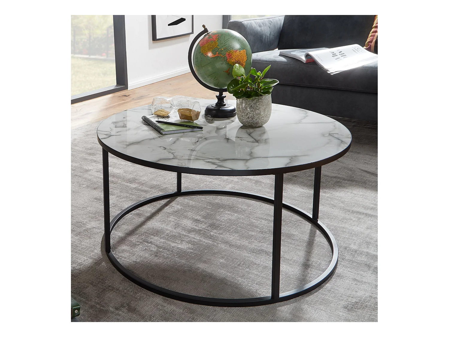 salontafel rond 80x40x80 cm met marmerlook wit | Salontafel met zwart metalen frame | Moderne decoratieve tafel