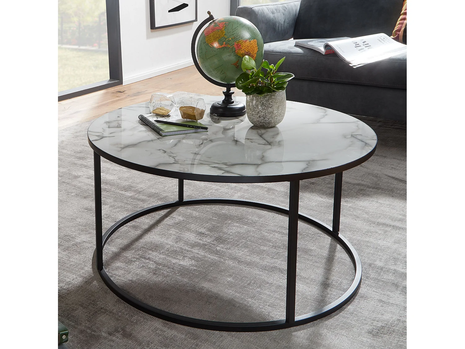 Tavolino rotondo 80x40x80 cm con aspetto marmo bianco | Tavolino con struttura in metallo nero | Tavolino decorativo moderno