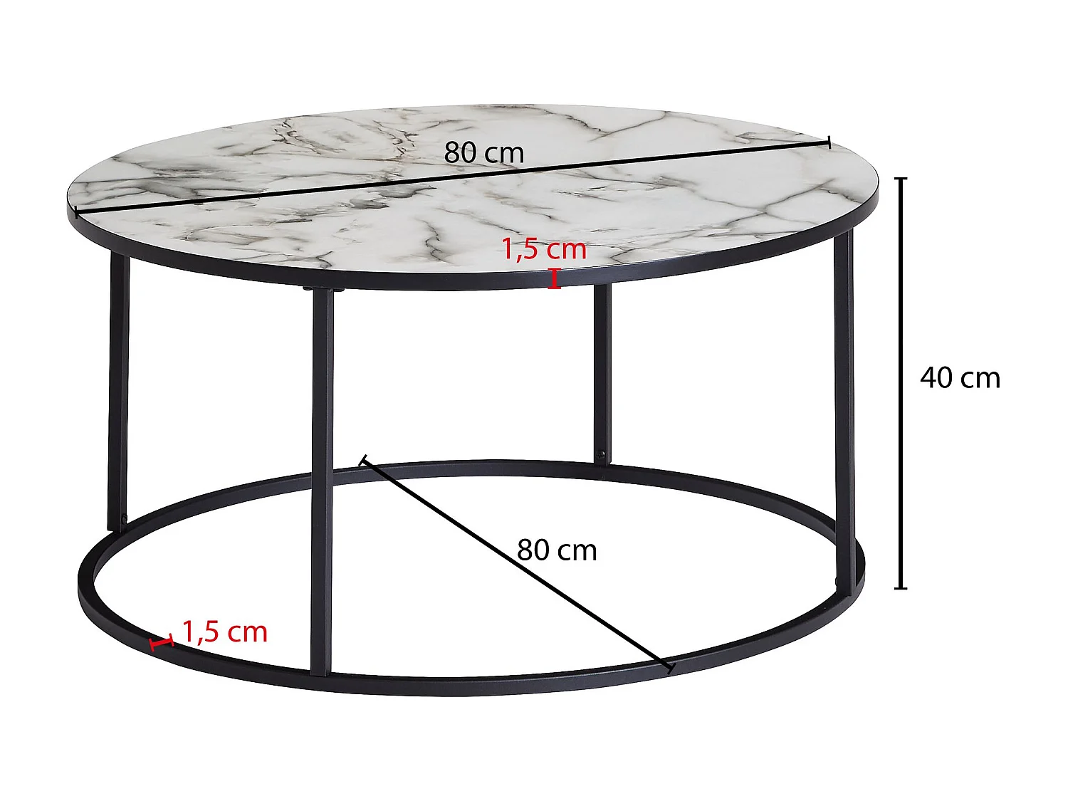 Tavolino rotondo 80x40x80 cm con aspetto marmo bianco | Tavolino con struttura in metallo nero | Tavolino decorativo moderno