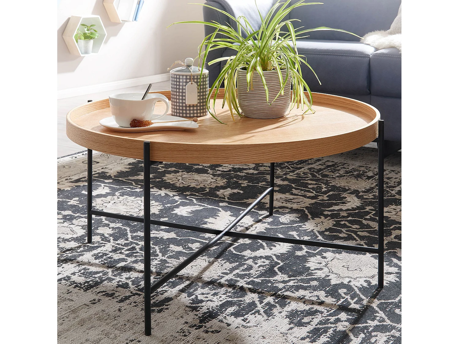 Mesita 78x78x40 cm Mesita Mesita madera / metal Mesa de salón roble | Mesa de sala de diseño moderna redonda | Mesa de centro de madera | Sala de estar de mesa