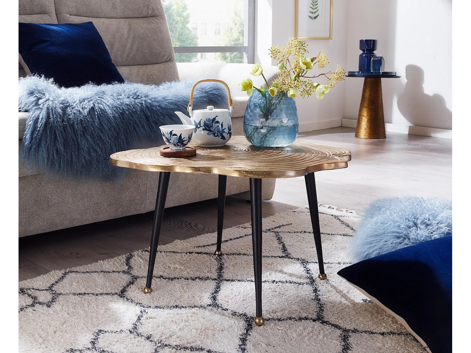 Koffietafel Aluminium Boomschijf 64x64x37 cm Salontafel Metaal Goud | Tafel Woonkamer Rond | Woonkamertafel Modern | Kleine Bijzettafel