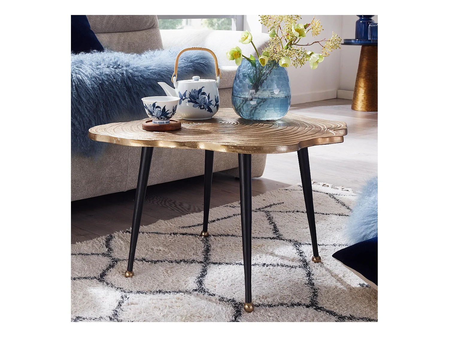 Table Basse de Salon Métal 64x64x37 cm Disque d'arbre Aluminium Or | Petite Table de Canapé | Design Table d'appoint Style Moderne