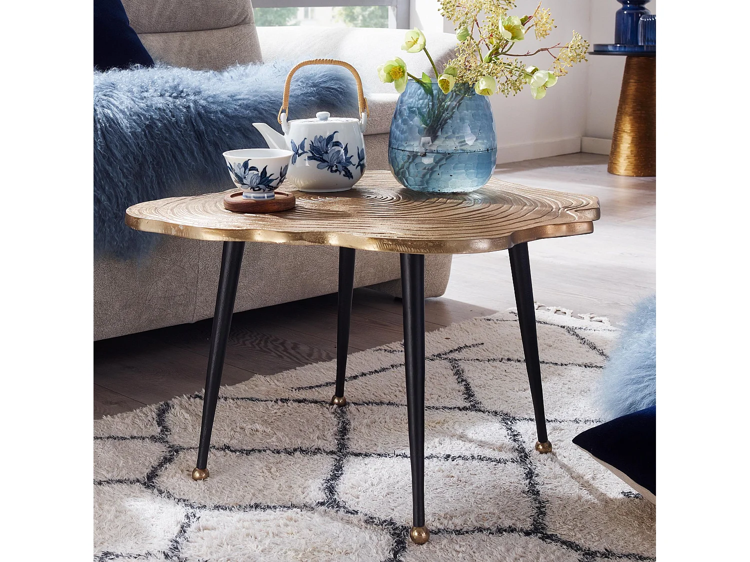 Table Basse de Salon Métal 64x64x37 cm Disque d'arbre Aluminium Or | Petite Table de Canapé |