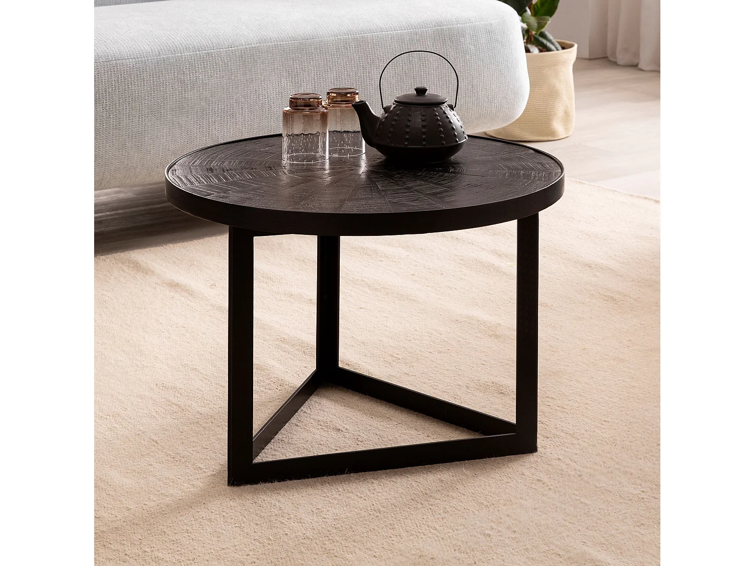 Table Basse de Salon Mango Bois Massif et Métal 58x58x40 cm Ronde | Petite Table de Canapé Noir | Design Table d'appoint Style Industriel