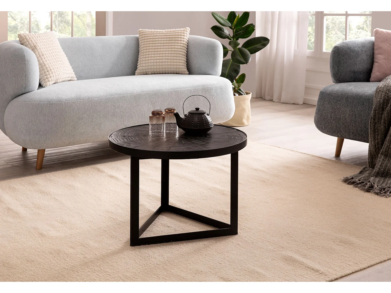 Table Basse de Salon Mango Bois Massif et Métal 58x58x40 cm Ronde | Petite Table de Canapé Noir | Design Table d'appoint Style Industriel