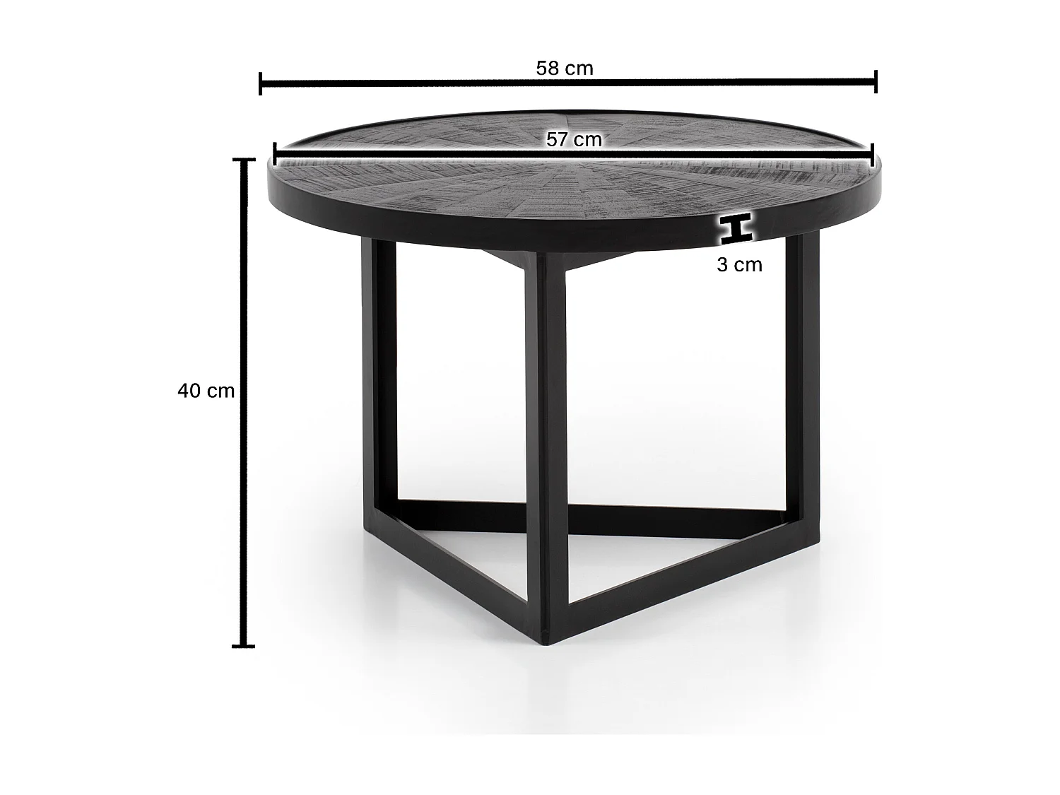 Table Basse de Salon Mango Bois Massif et Métal 58x58x40 cm Ronde | Petite Table de Canapé Noir | Design Table d'appoint Style Industriel