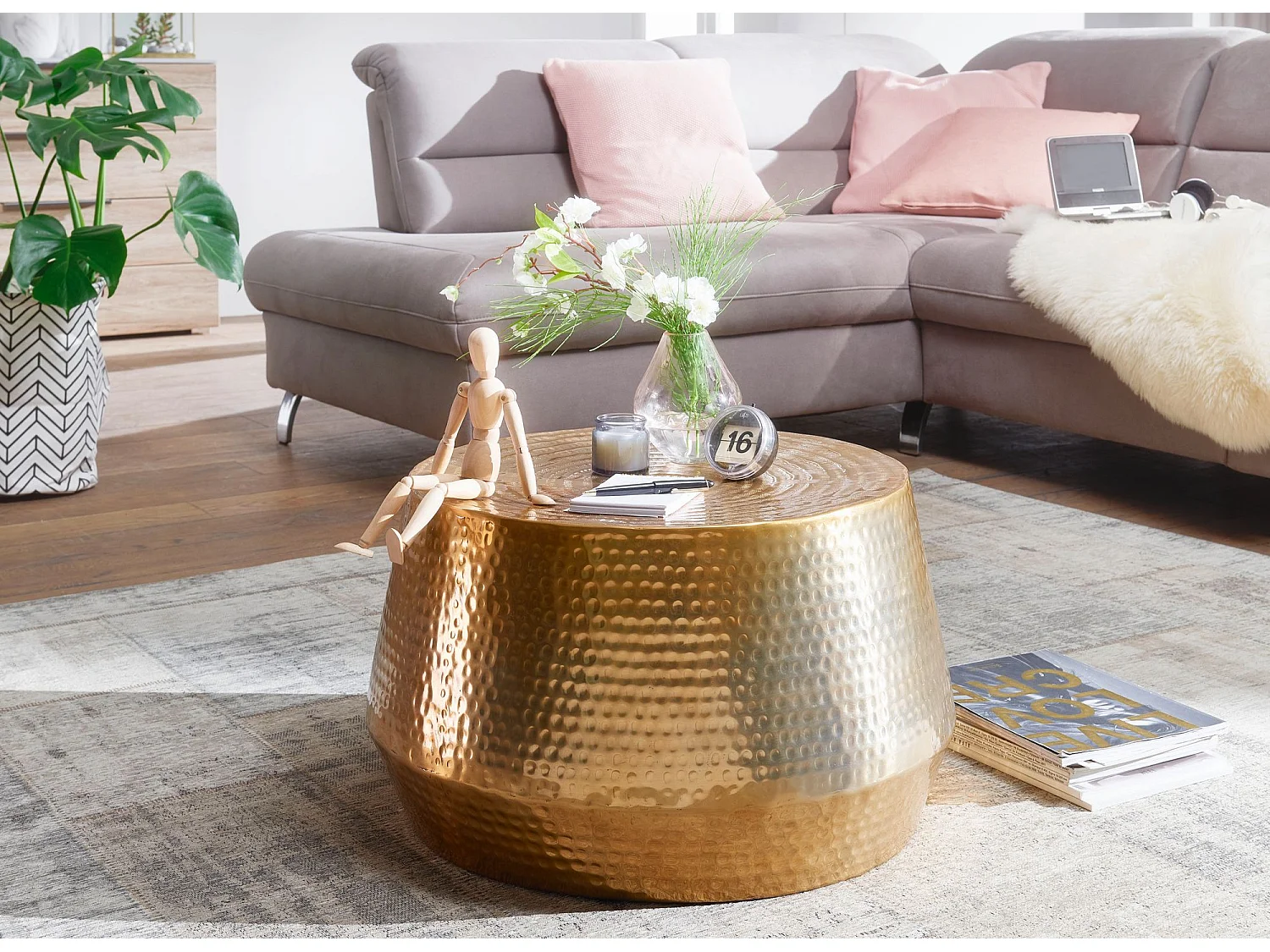 salontafel MAHESH 60x36x60 cm aluminium bijzettafel Gold Oriental round | Plat gehamerd