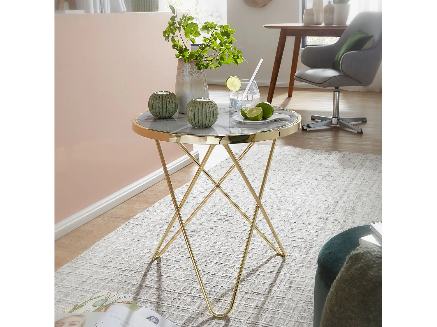 design  aspect marbre blanc rond Ø55 cm structure métal doré | Petite table de salon table basse