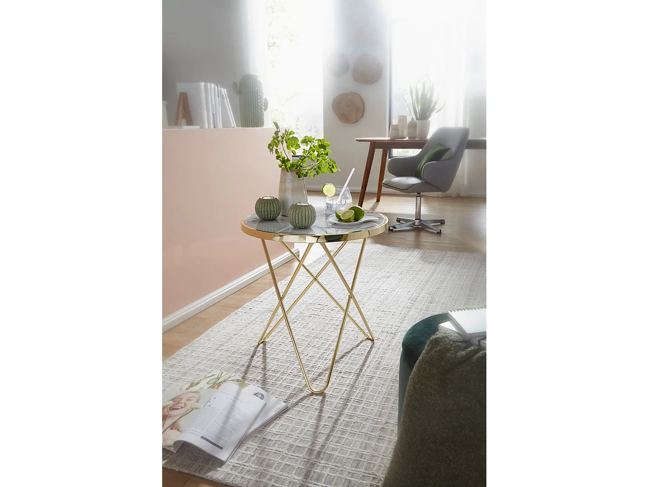 design  aspect marbre blanc rond Ø55 cm structure métal doré | Petite table de salon table basse