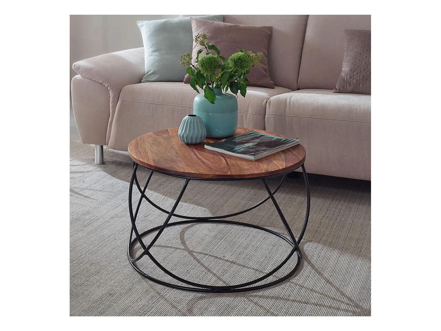 Table basse sheesham bois massif / métal 60 x 40 x 60 cm | Table de salon ronde marron massif | Table basse Table en bois moderne | Table de salon industrielle