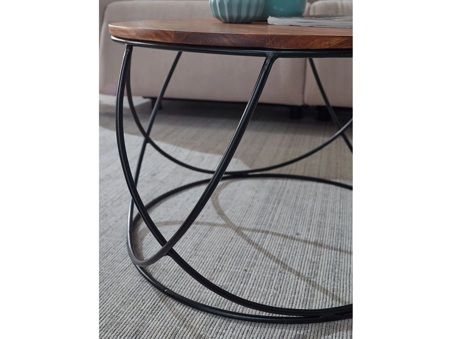 Table basse sheesham bois massif / métal 60 x 40 x 60 cm | Table de salon ronde marron massif |