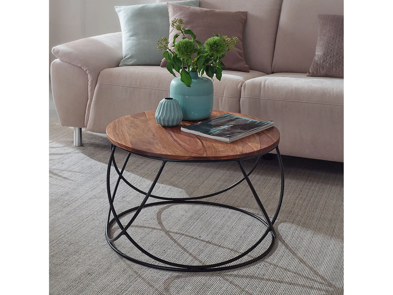 salontafel sheesham massief hout / metaal 60 x 40 x 60 cm | Salontafel rond massief bruin | Salontafel Moderne houten tafel | Tafel woonkamer industrieel