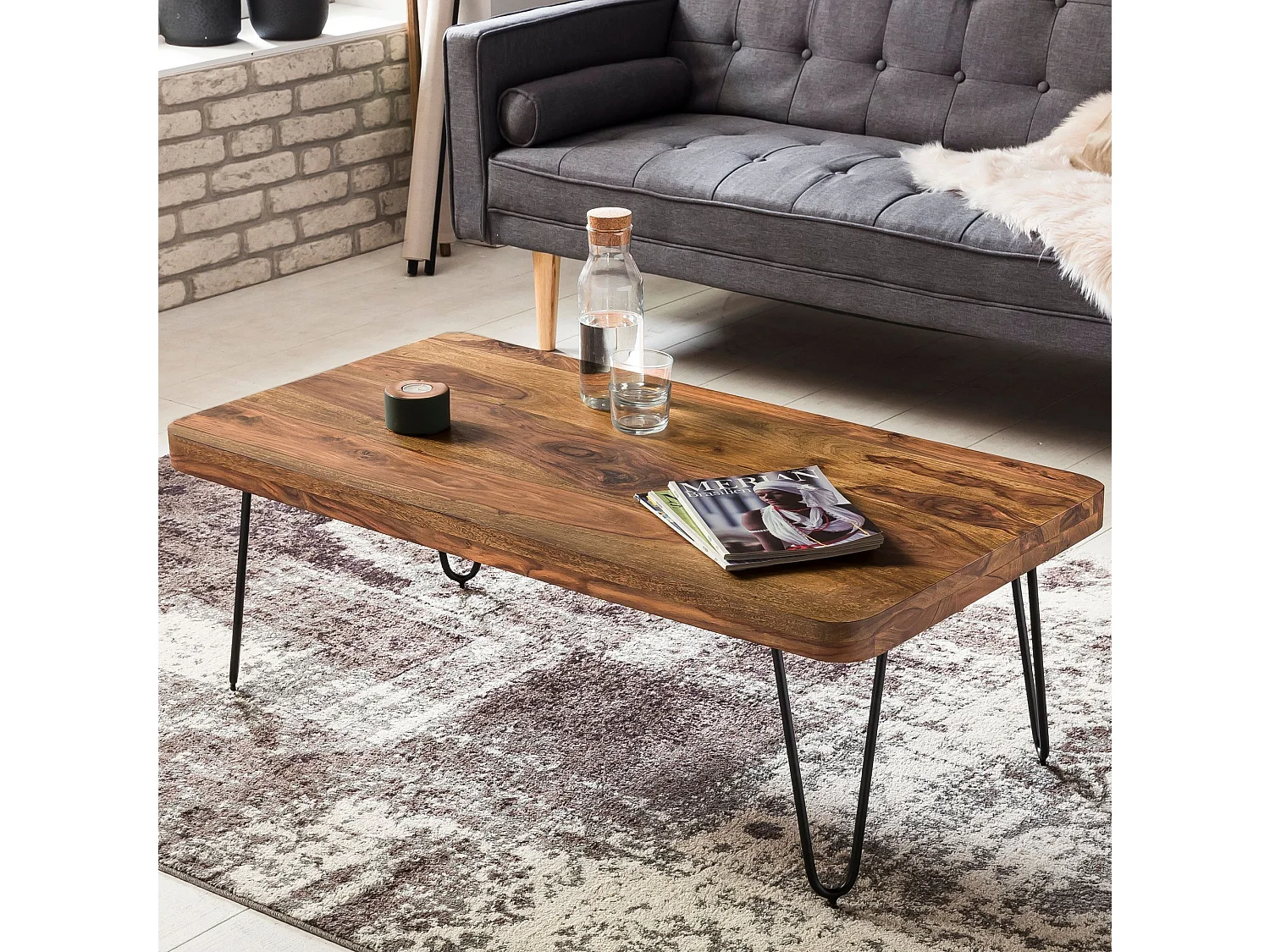 table basse BAGLI en bois massif Sheesham 115 cm de large table de salon design pieds en métal