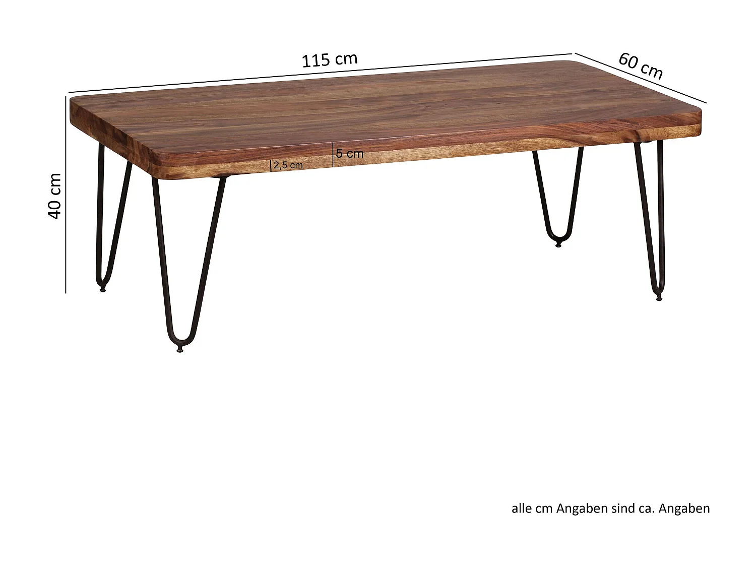 table basse BAGLI en bois massif Sheesham 115 cm de large table de salon design pieds en métal