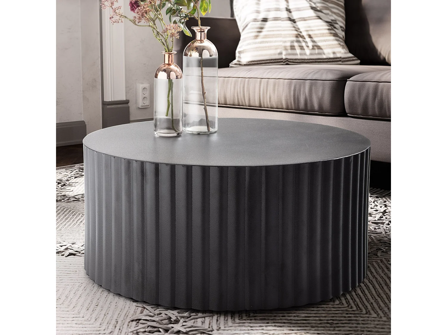 table basse 67x67x31 cm métal noir table basse ronde | Table de salon design avec motif vagues |