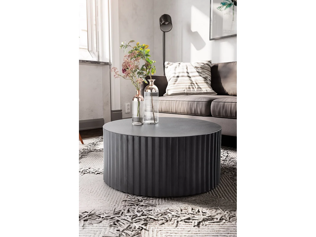 table basse 67x67x31 cm métal noir table basse ronde | Table de salon design avec motif vagues |
