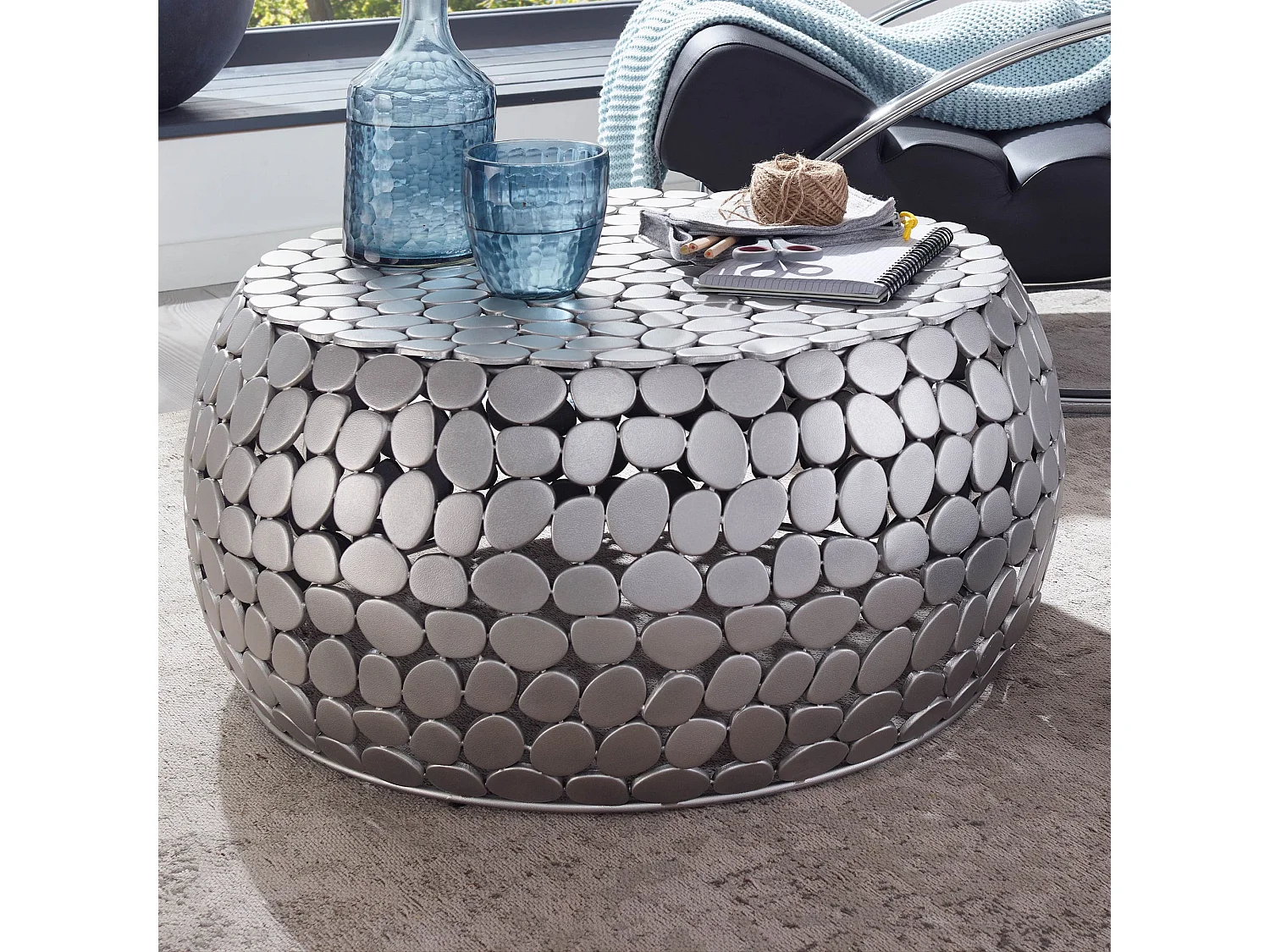 Table Basse de Salon Aluminium Argent 66x66x32 cm Ronde Métal | Petite Table de Canapé | Design Table d'appoint Style Moderne