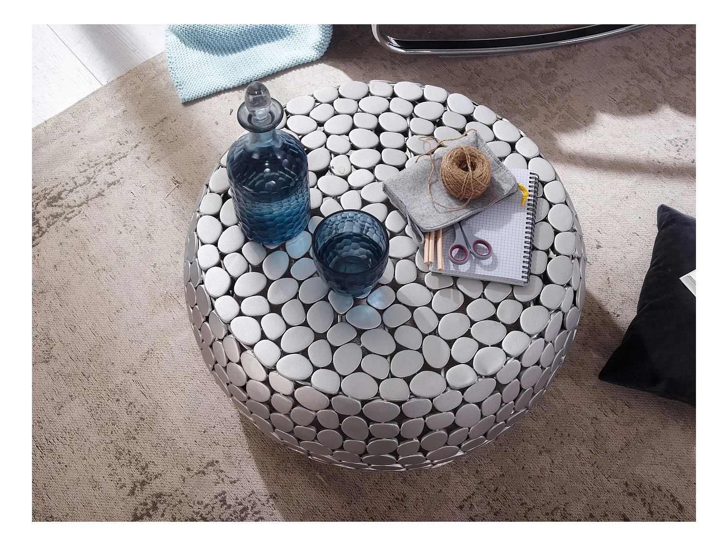 Table Basse de Salon Aluminium Argent 66x66x32 cm Ronde Métal | Petite Table de Canapé | Design Table d'appoint Style Moderne