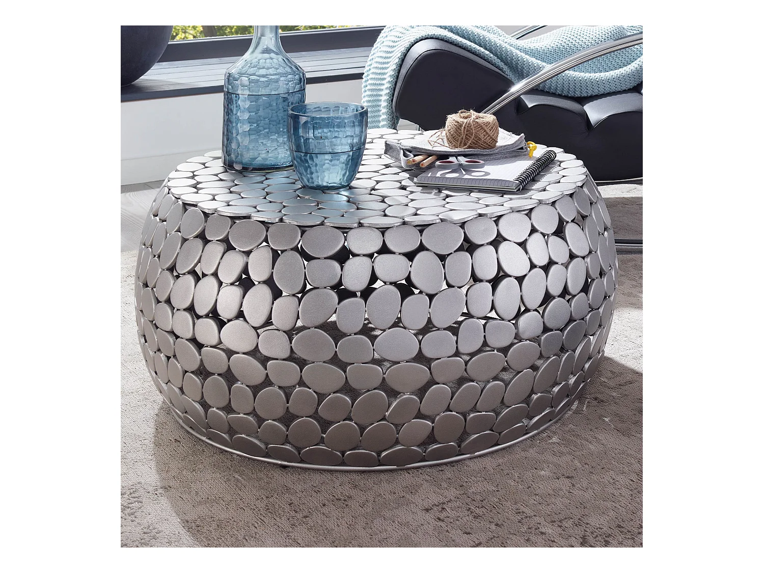 Table Basse de Salon Aluminium Argent 66x66x32 cm Ronde Métal | Petite Table de Canapé | Design Table d'appoint Style Moderne