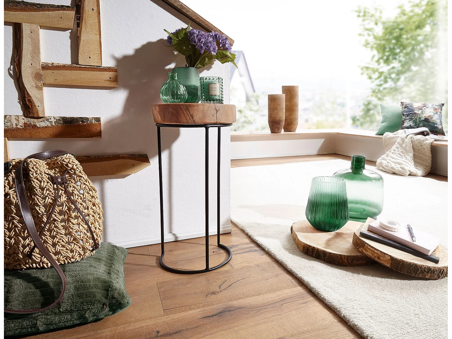 table d'appoint AKOLA table de salon en bois massif d'acacia pieds en métal style maison de campagne forme de tronc d'arbre en bois véritable nature