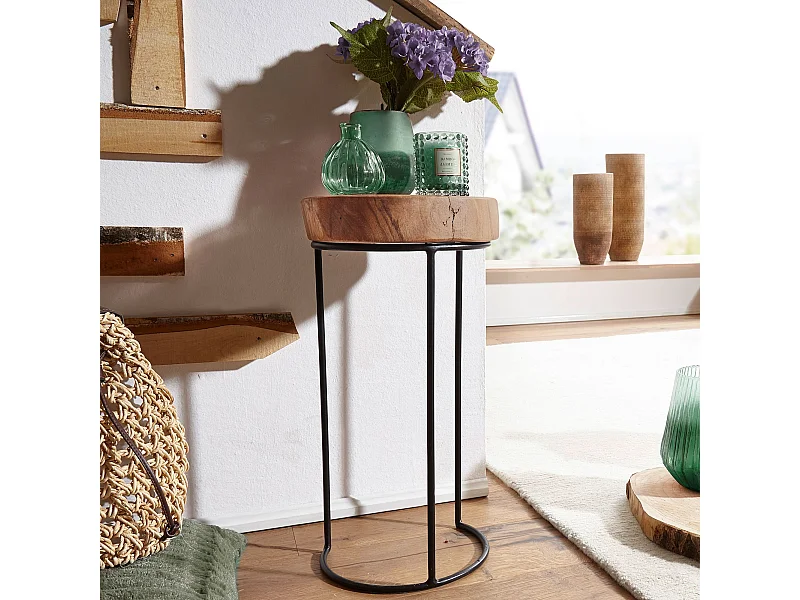 table d'appoint AKOLA table de salon en bois massif d'acacia pieds en métal style maison de