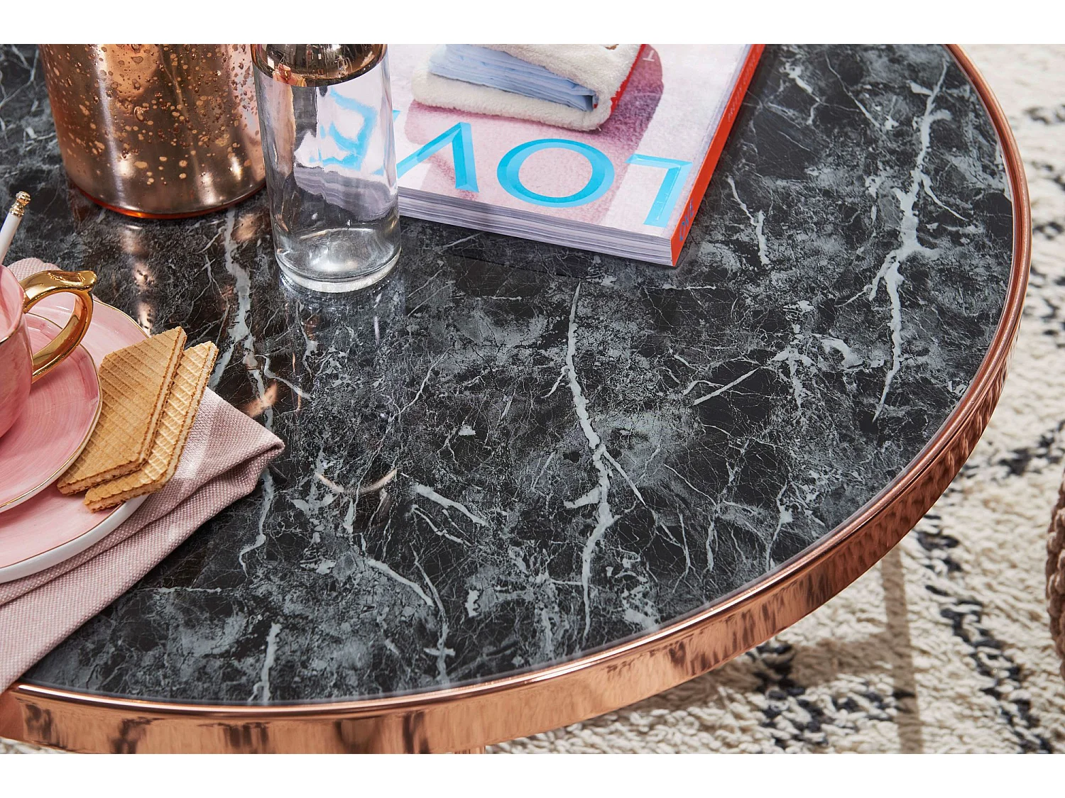 design salontafel zwart - rond Ã˜82,5 cm met koperen metalen frame | Grote woonkamer tafel Lounge tafel