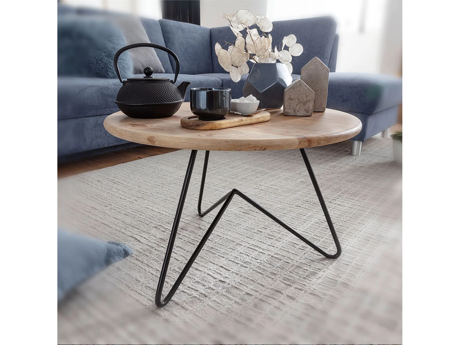 Tavolino 60x39,5x60 cm in legno massiccio di acacia / tavolino in metallo | Tavolino da salotto di design rotondo | Tavolino solido | Tavolino da salotto piccolo