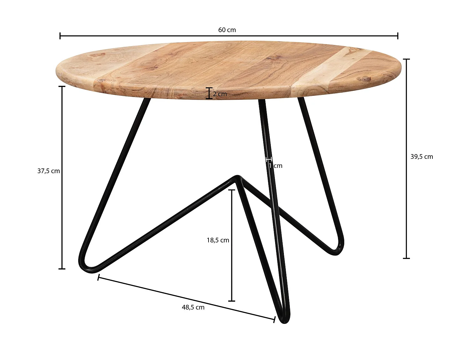 Table basse  60x39,5x60 cm  en bois massif / métal acacia