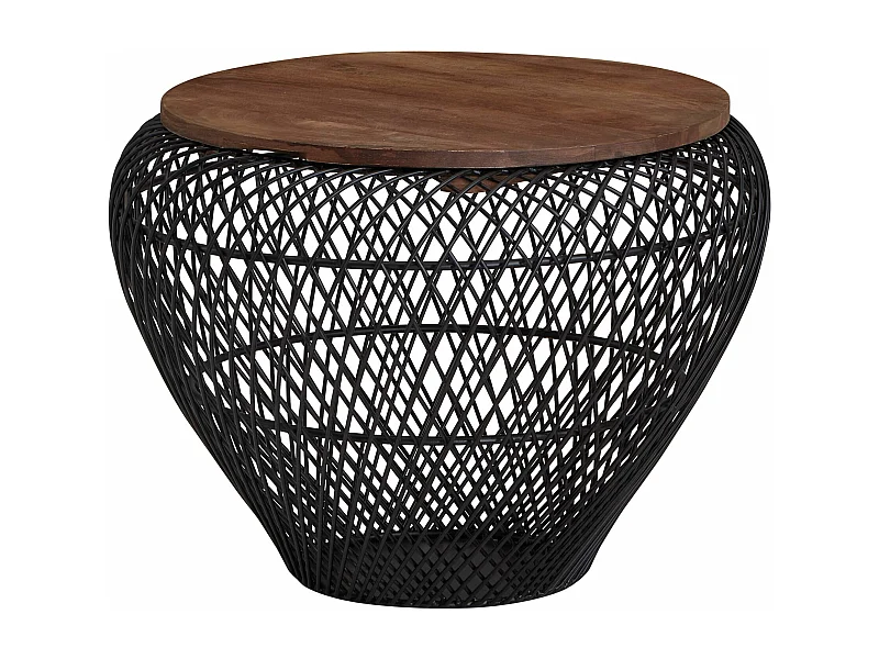 Table Basse de Salon Mangue Bois Massif et Métal 60x60x45 cm Ronde Noir | Petite Table de Canapé avec Rangement | Design Table d'appoint Style Moderne