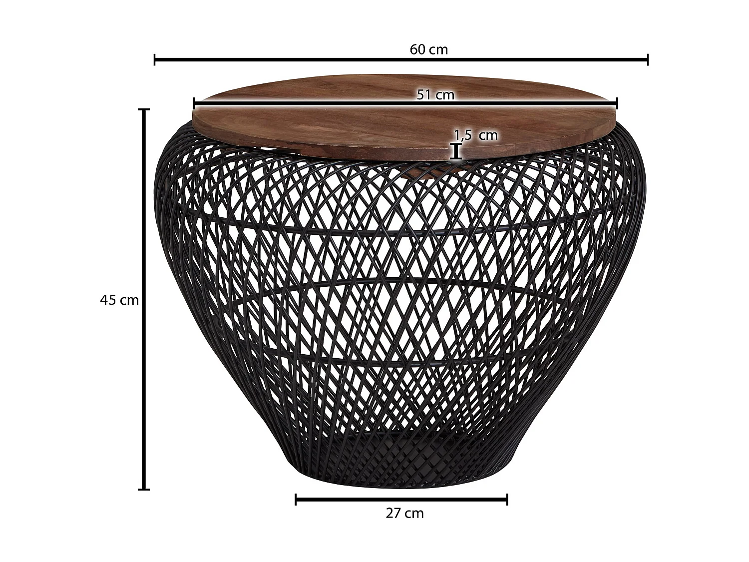 Mesa de Centro Moderna Redonda 60x60x45 cm Metal y Madera Maciza de Mango | Mesa Auxiliar Negra con Almacenaje para Salón | Mesita Café para Sofá
