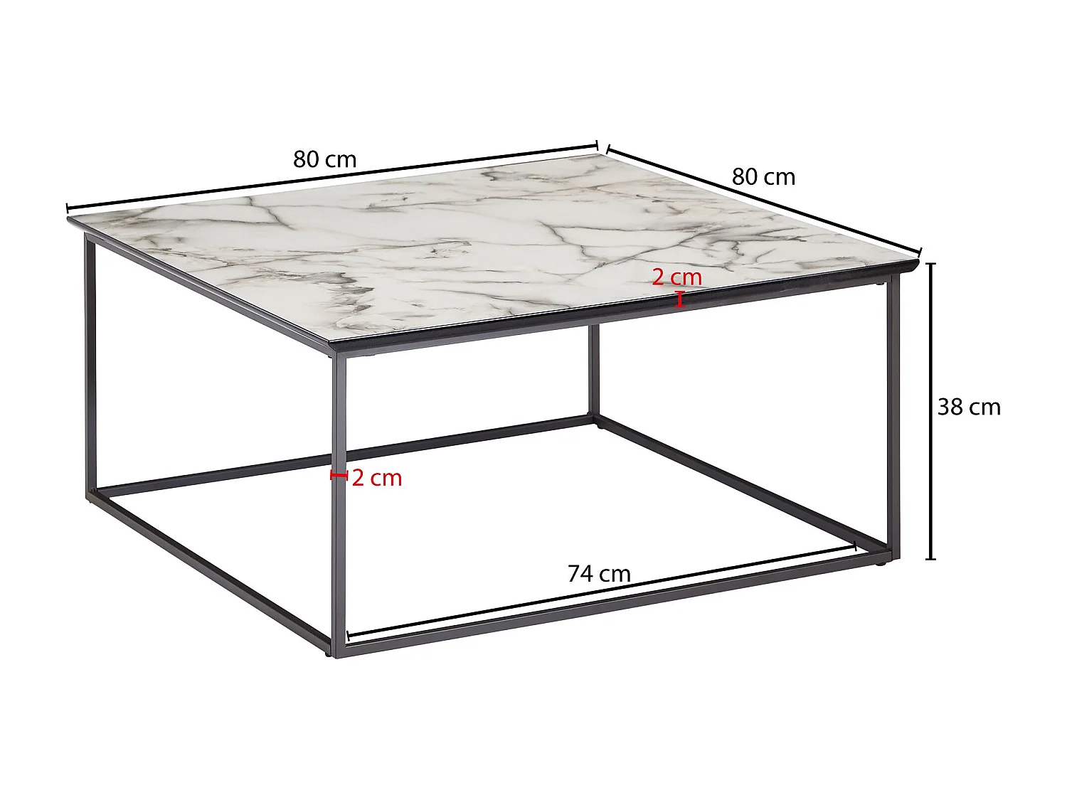 salontafel vierkant 80x38x80 cm met marmerlook wit | Salontafel met zwart metalen frame | Moderne decoratieve tafel